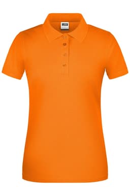 An orange ladies' polo shirt with a collared neckline and short sleeves. It features a logo on the chest.