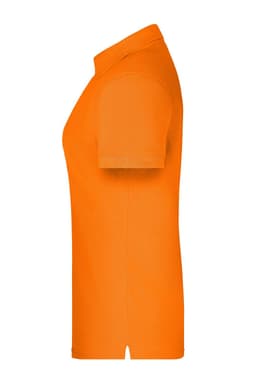 An orange polo shirt with short sleeves and a collar, featuring a logo on the left side.