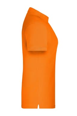 An orange polo shirt displayed from the side, featuring a collar and short sleeves, with a logo present.