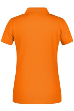 An orange ladies' polo shirt with a classic collar and short sleeves, featuring a logo.