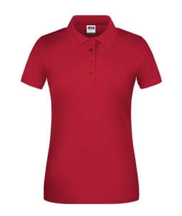 A red ladies' polo shirt with a collar and short sleeves, featuring a button placket and branded logo.