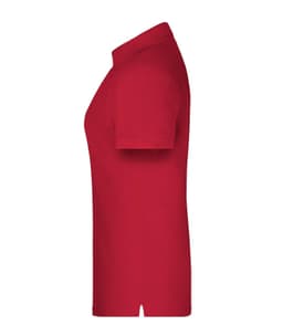 A red polo shirt with a collared neck and short sleeves, featuring a logo on the side.