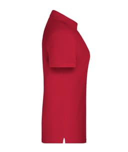 A red polo shirt with short sleeves, featuring a logo on the left side. It is designed for women's workwear.