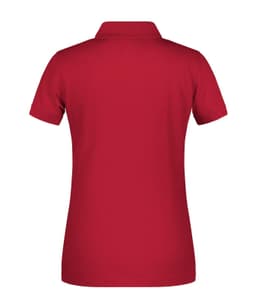 A red ladies polo shirt with a classic collar. The back view shows a smooth, streamlined design and includes a logo.