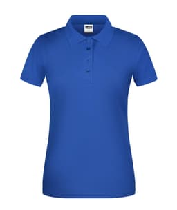 A blue polo shirt with a collar and five buttons, featuring a logo on the chest area.