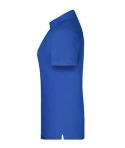 A blue polo shirt for women with short sleeves and a collar, featuring a logo on the chest.