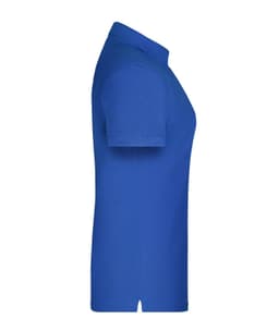 A blue polo shirt featuring a collar and short sleeves, displayed from the side. The shirt has a logo on it.