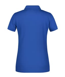 A blue ladies polo shirt with a collar and a solid design, featuring a logo on the back.