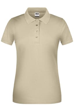 A beige ladies' polo shirt with a collared neckline and button placket. Features a logo on the chest.