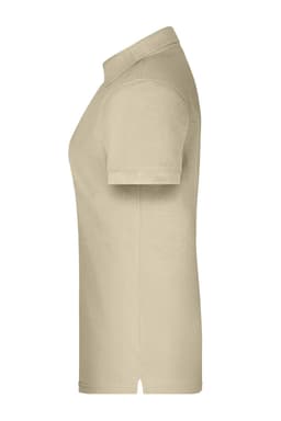 A beige work polo shirt with a short sleeve and a side view. It features a logo on the chest.