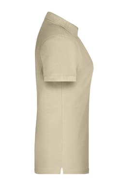 A beige ladies' polo shirt featuring a classic collar and short sleeves, with branding on the chest.