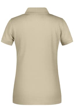 A beige polo shirt with a collar and short sleeves, featuring a logo on the back.