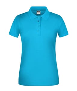 A turquoise polo shirt for ladies with a collar and button placket, featuring a logo on the chest.