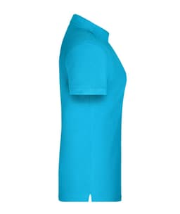A turquoise polo shirt for women, featuring a classic collar and short sleeves. It has a logo on the chest.