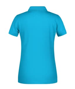 A turquoise ladies' polo shirt made from bio workwear material, featuring a collar and a logo.