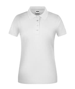 A white ladies' polo shirt with a collar and four buttons. It features a logo on the chest area.