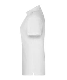 A white polo shirt displayed from the side, featuring a collar and short sleeves. The shirt has a logo on it.