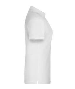 A white polo shirt with a classic collar and short sleeves, featuring a logo. Suitable for workwear.