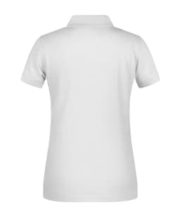 A white women's polo shirt featuring a classic design and a collar, with a logo on the back.