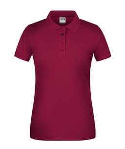 A maroon ladies' polo shirt with a collar and buttons, featuring a logo on the side.
