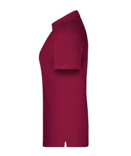 A maroon polo shirt featuring a collar and short sleeves, with a logo on the chest area.