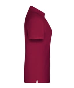 A maroon polo shirt with a short sleeve and collar, featuring a logo on the chest.