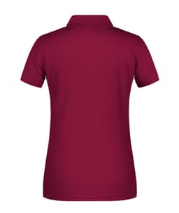 A maroon ladies polo shirt featuring a collar and short sleeves, with a logo on the back.