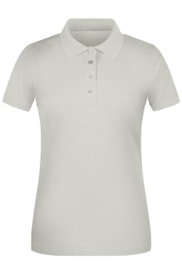 A light grey ladies' polo shirt with a classic collar and short sleeves, featuring buttons and a logo.