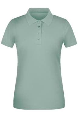 A light green women's polo shirt with a collar and five buttons, featuring a logo.