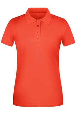 A ladies' work polo shirt in vibrant orange, featuring a collar and button placket. It has a logo on the chest.
