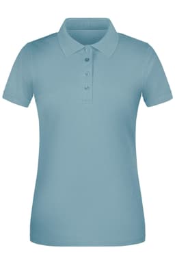 A light blue ladies’ polo shirt with a collared neck and buttons, featuring a logo.