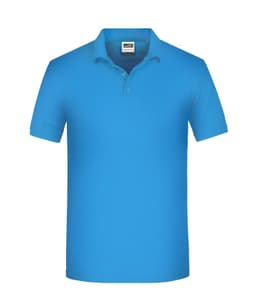 A blue work polo shirt featuring a collar and short sleeves, with a logo on the upper left side.