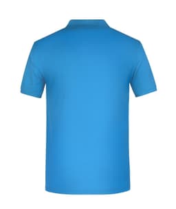 A blue short-sleeve polo shirt with a collar, featuring a logo on the back. Suitable for workwear.