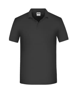 A black polo shirt with a collar and short sleeves, featuring a logo on the chest.