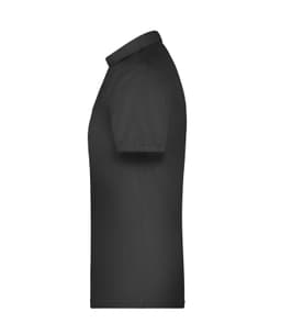 A black polo shirt with short sleeves, featuring a collar and a logo. Ideal for workwear.