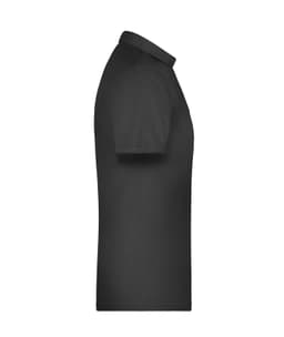 A black men's polo shirt with a side view, featuring a collar and short sleeves. It has a logo on the chest.