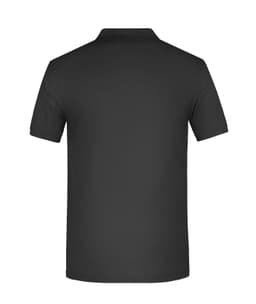 A black men's polo shirt featuring a collar and short sleeves, with a logo present on the back.