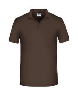 A brown men's polo shirt with a collar and short sleeves, featuring a logo on the chest area.