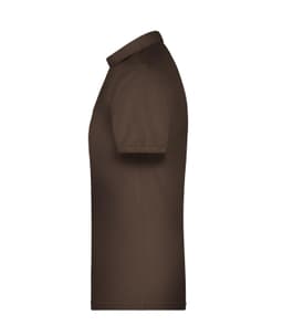 A brown men's polo shirt with a collar and short sleeves, featuring a logo on the side.