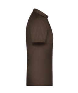 A brown men's polo shirt displayed from the side, featuring short sleeves and a collar. It has a logo.