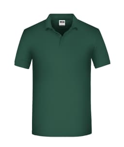 A dark green men's polo shirt with a collar and button placket, featuring a logo on the chest.