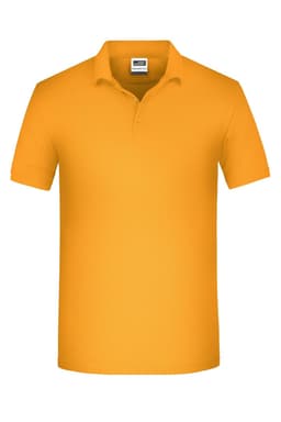 An orange men's polo shirt with a collar and short sleeves, featuring a logo on the chest.