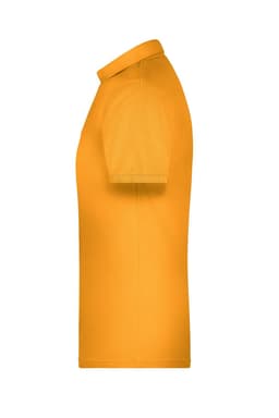 An orange work polo shirt displayed from the side, featuring a collar and short sleeves. It has a logo on the chest.