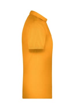 A side view of a vibrant yellow men's work polo shirt, featuring a collar and short sleeves, with a logo.