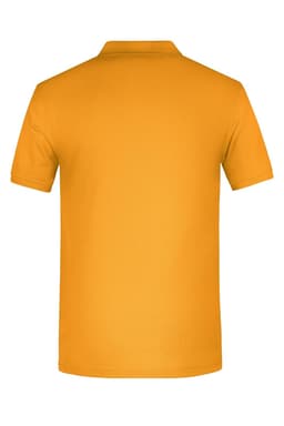 A plain orange work polo shirt, featuring a simple design and a collar. It has branding on the fabric.