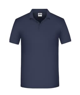 Navy blue men's polo shirt with a classic collar and short sleeves, featuring a logo on the chest.