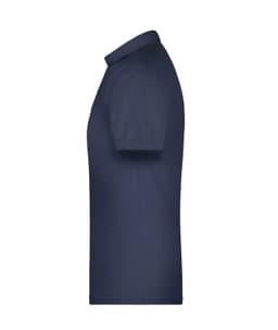 A navy blue men's polo shirt with short sleeves and a collar, featuring a logo.
