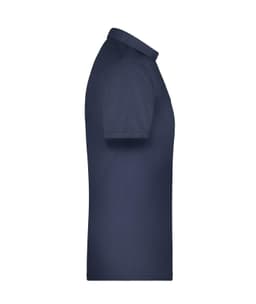 A navy blue men's polo shirt with a classic collar and short sleeves, featuring a logo.