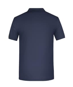 A navy blue men's polo shirt with a simple design and a brand logo on the back.