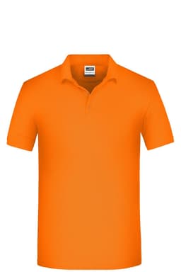 An orange work polo shirt with a collar and short sleeves, featuring a logo on the chest area.